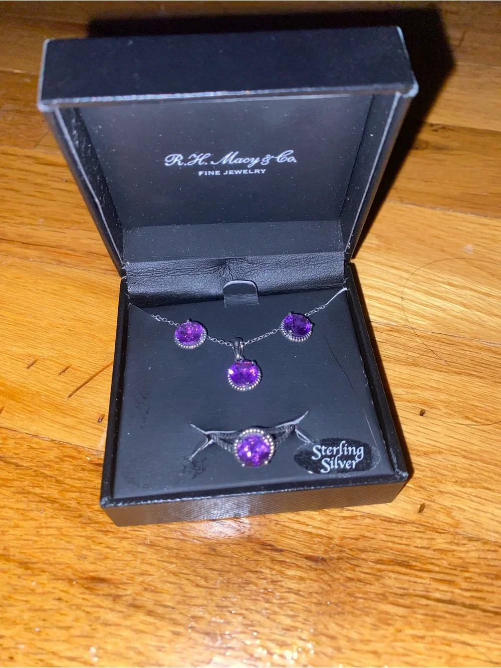 Sterling Silver Purple Gem Ear Ring, Necklace and Ring Set